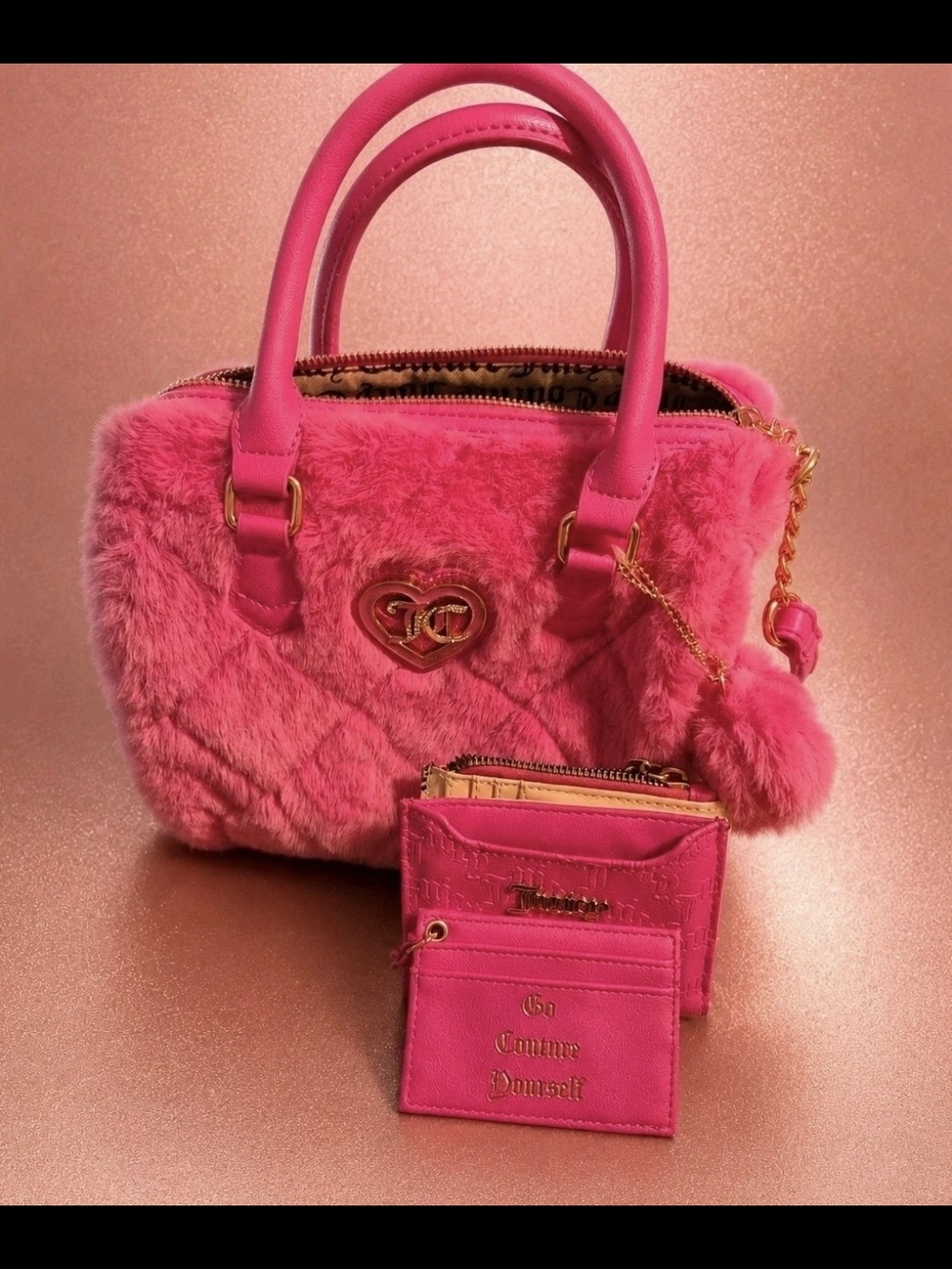 Juicy Couture Bright Pink Faux Fur Snall Purse  with Card Holder